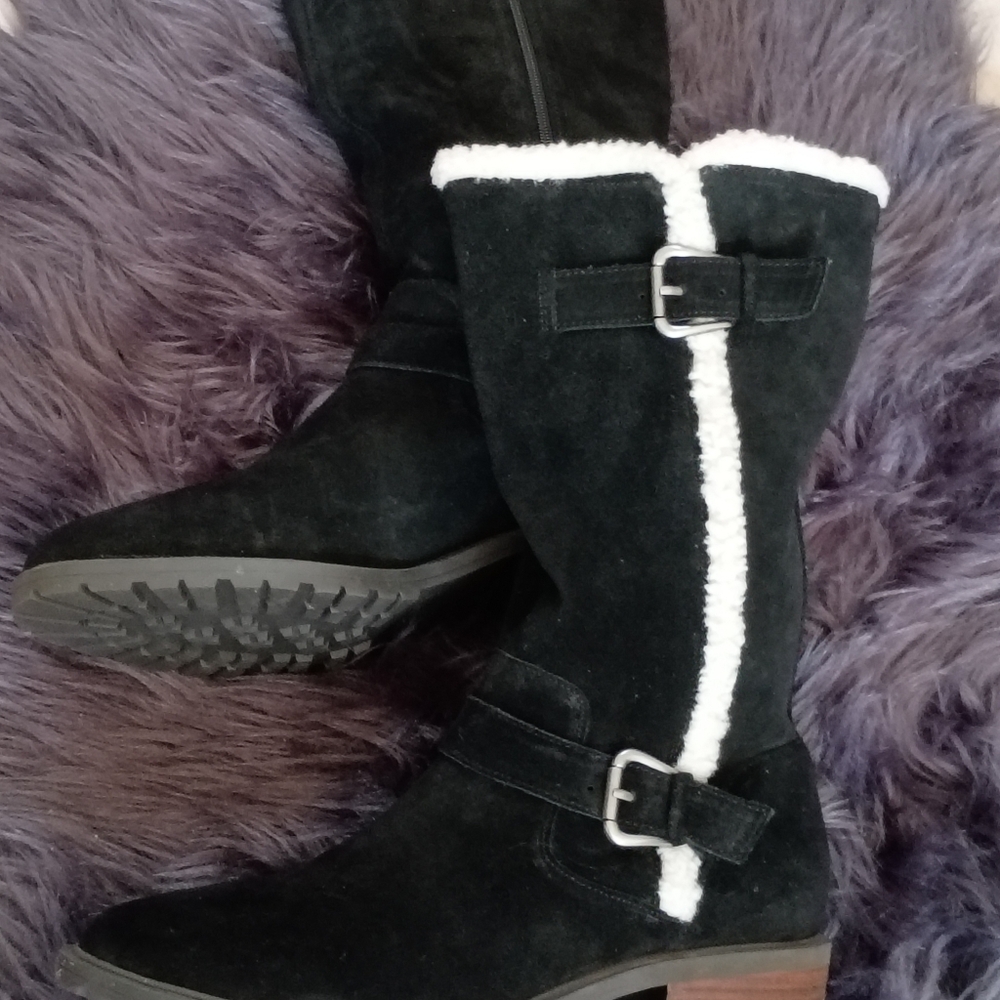Lucky Brand Black Genuine Suede Boots with Faux Sheep Skin Trim.(Never Worn)